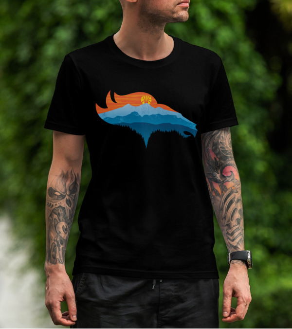 Bronco Country Mountain Landscape With Sunset In Horse Head Shape T-Shirt