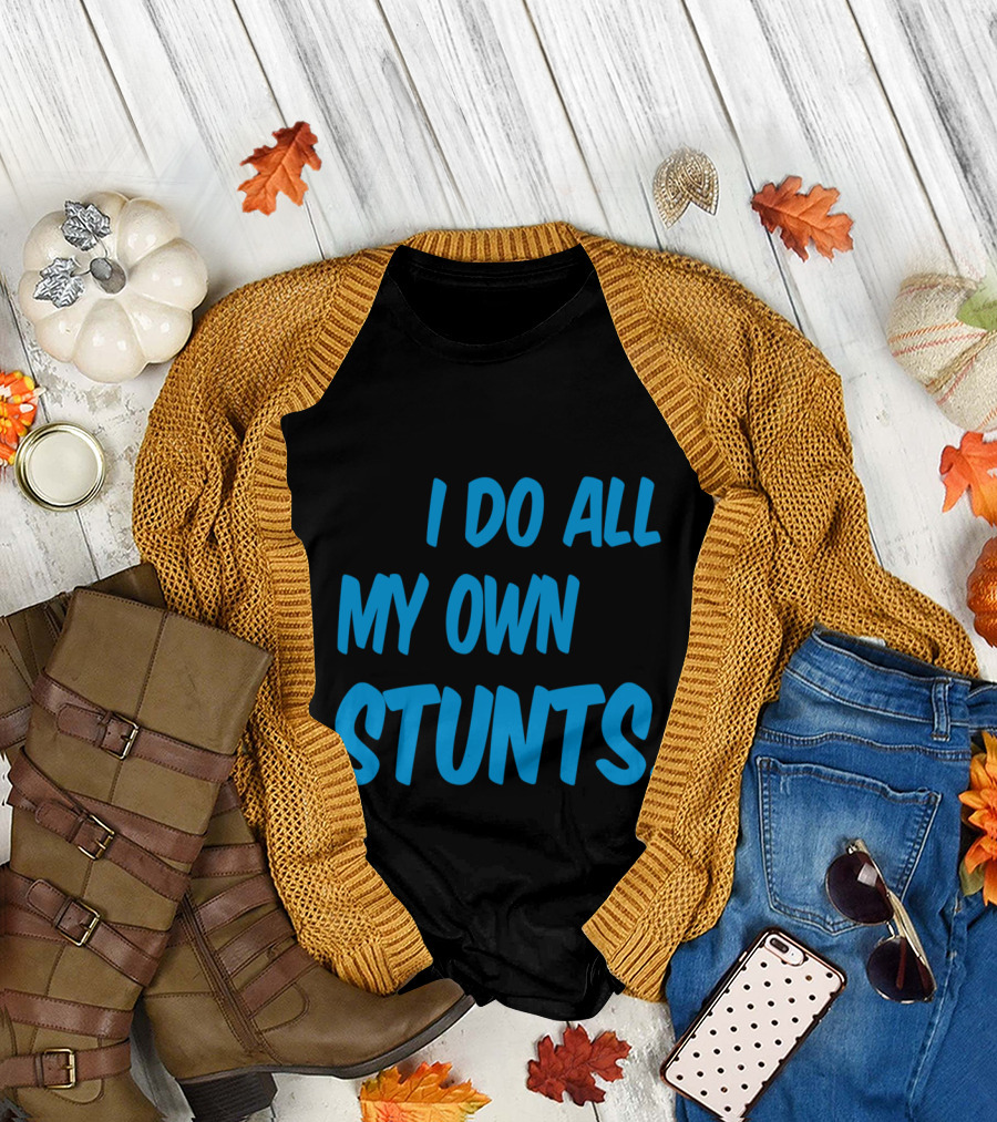 I Do All My Own Stunts Bicycle Accident Humor Bold Blue Text with Falling Stick Figure T-Shirt