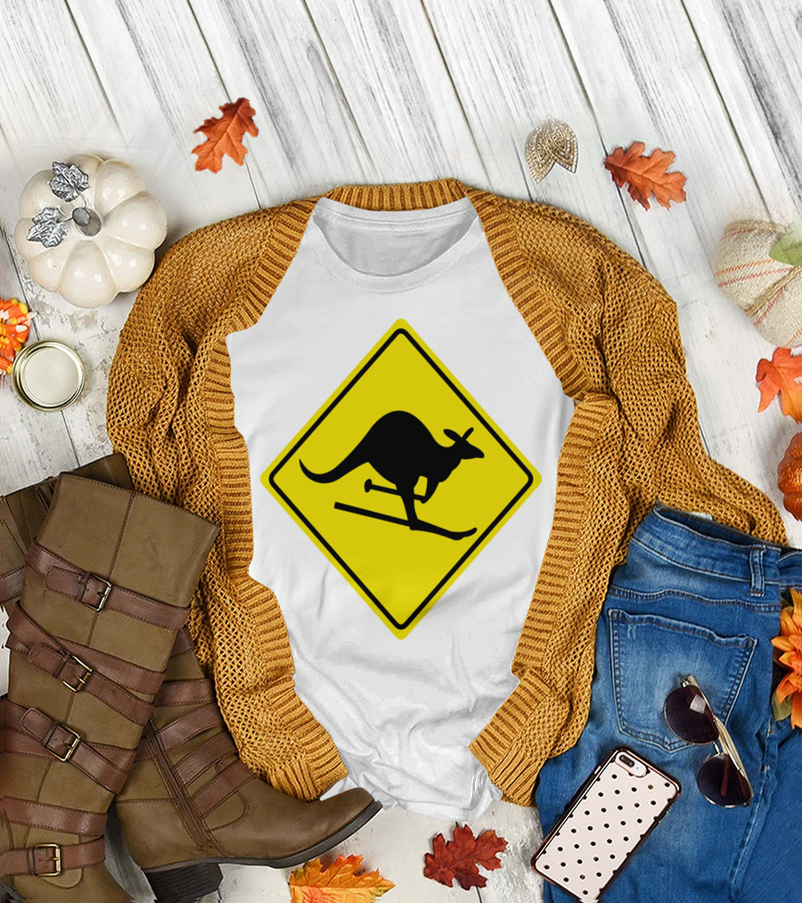 Kangaroo Skiing Road Sign Icon Yellow Caution T-Shirt