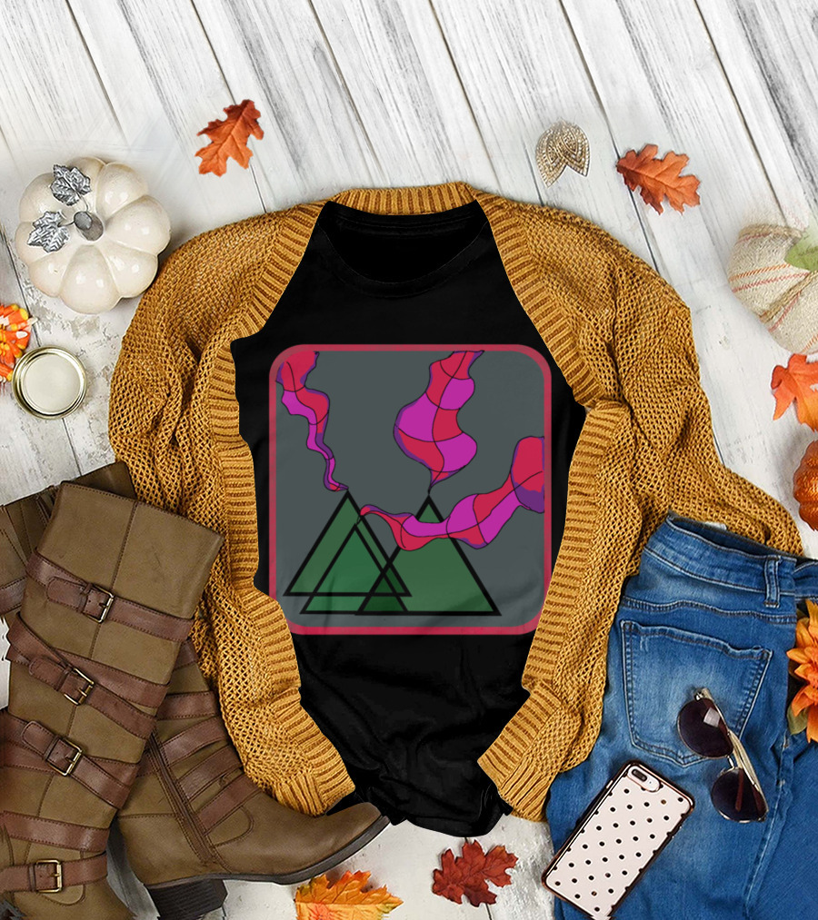 Abstract Colorful Smoke Over Geometric Green Mountain Shapes T-Shirt