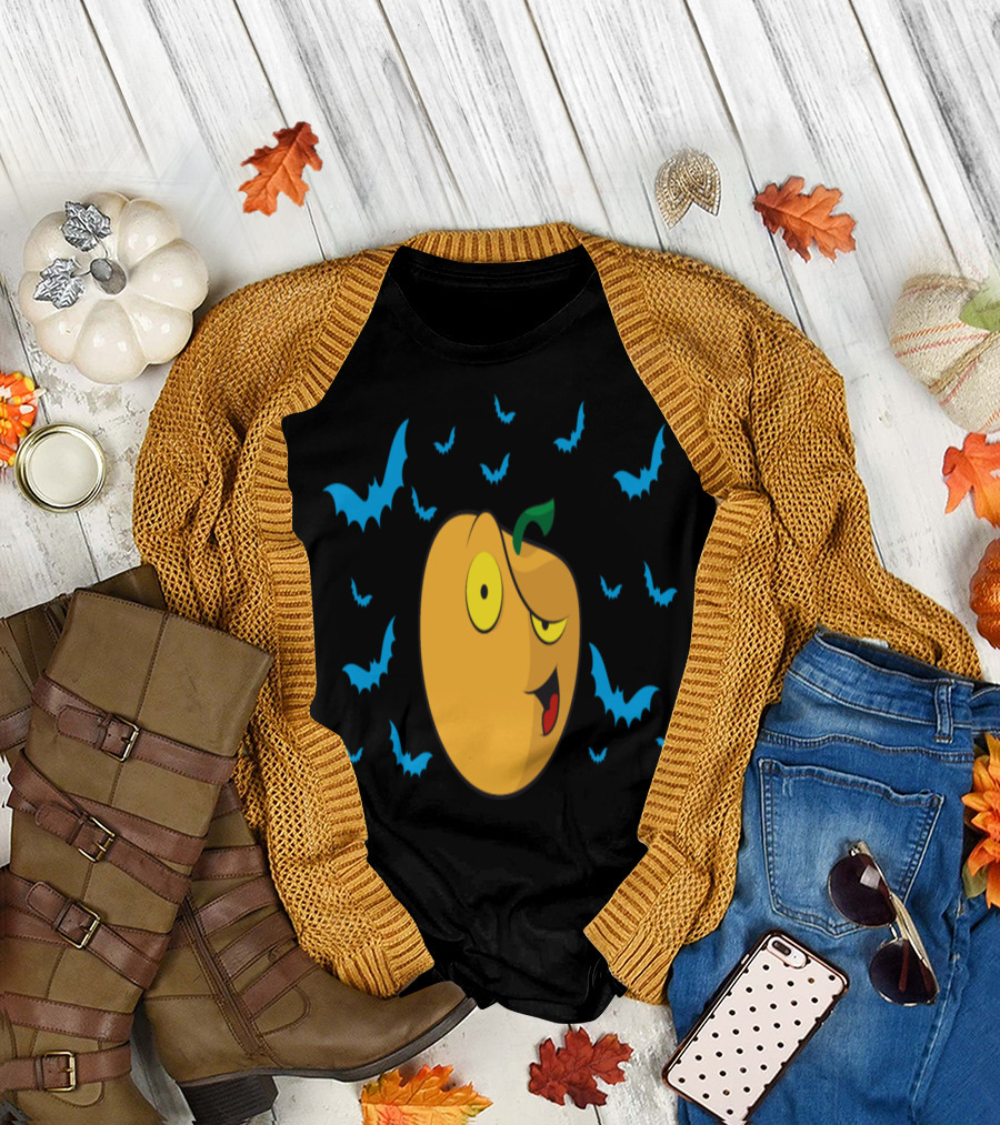 Witty Halloween Pumpkin and Blue Bats Spooky Fun T-Shirt