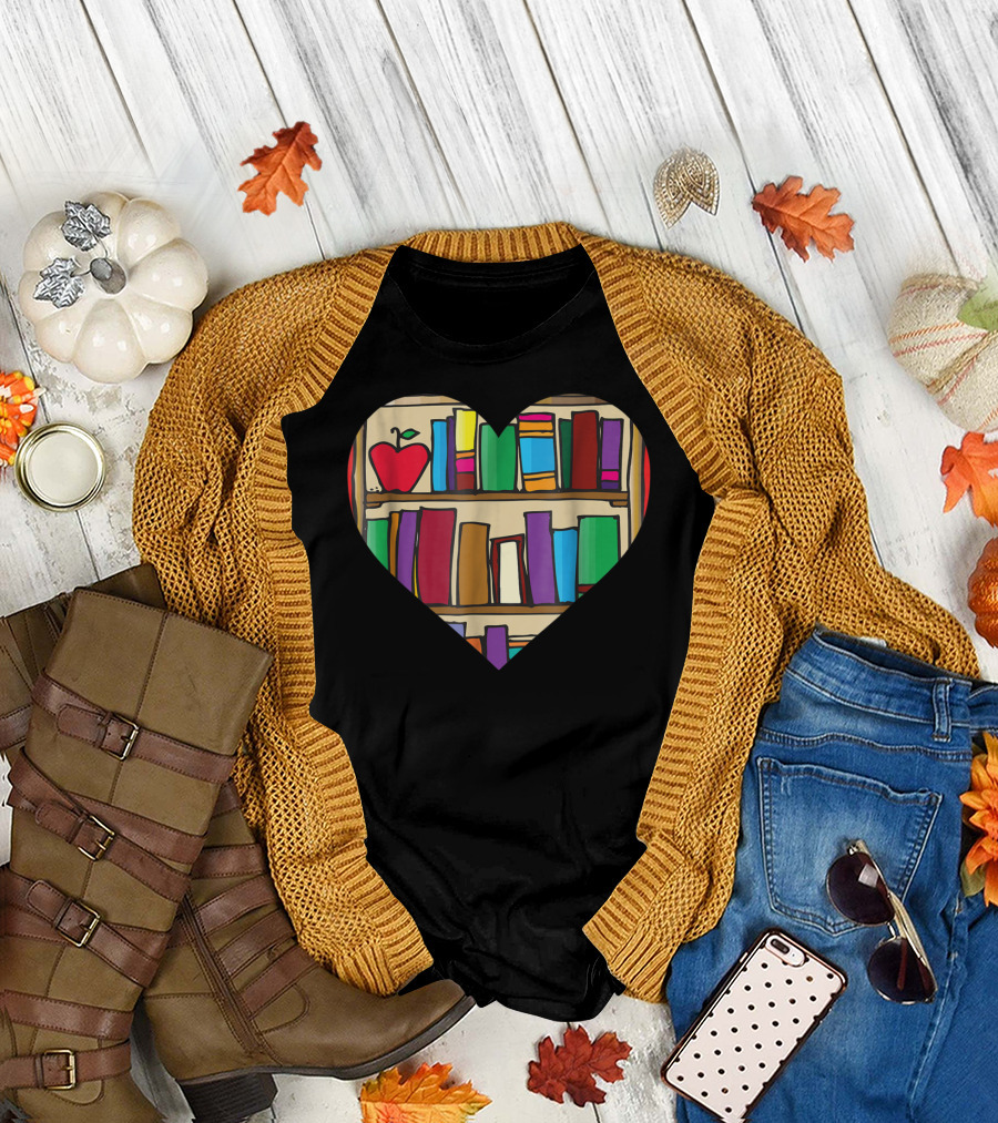 I Love Books Heart Bookshelf Apple Reading Club Librarian T-Shirt