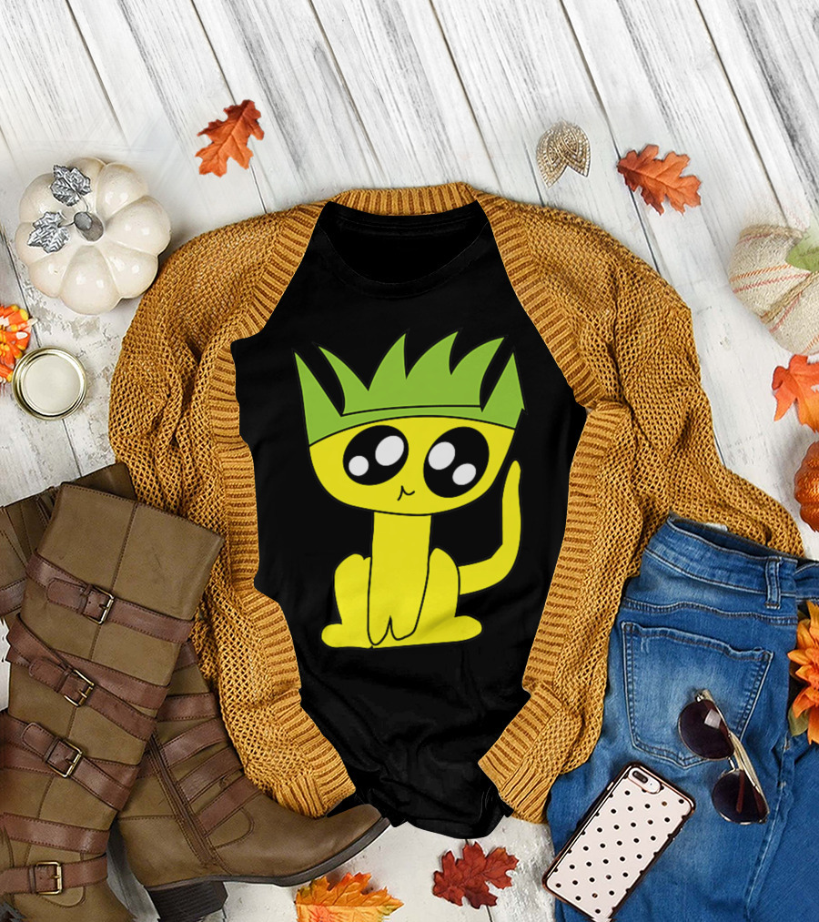 Mr. Pineapple Cat Cute Yellow Cartoon Feline with Spiky Green Crown T-Shirt