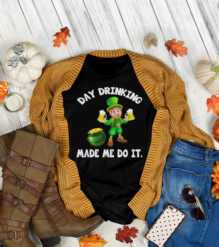 Day Drinking Made Me Do It Beer Lover Leprechaun With Gold and Beers T-Shirt