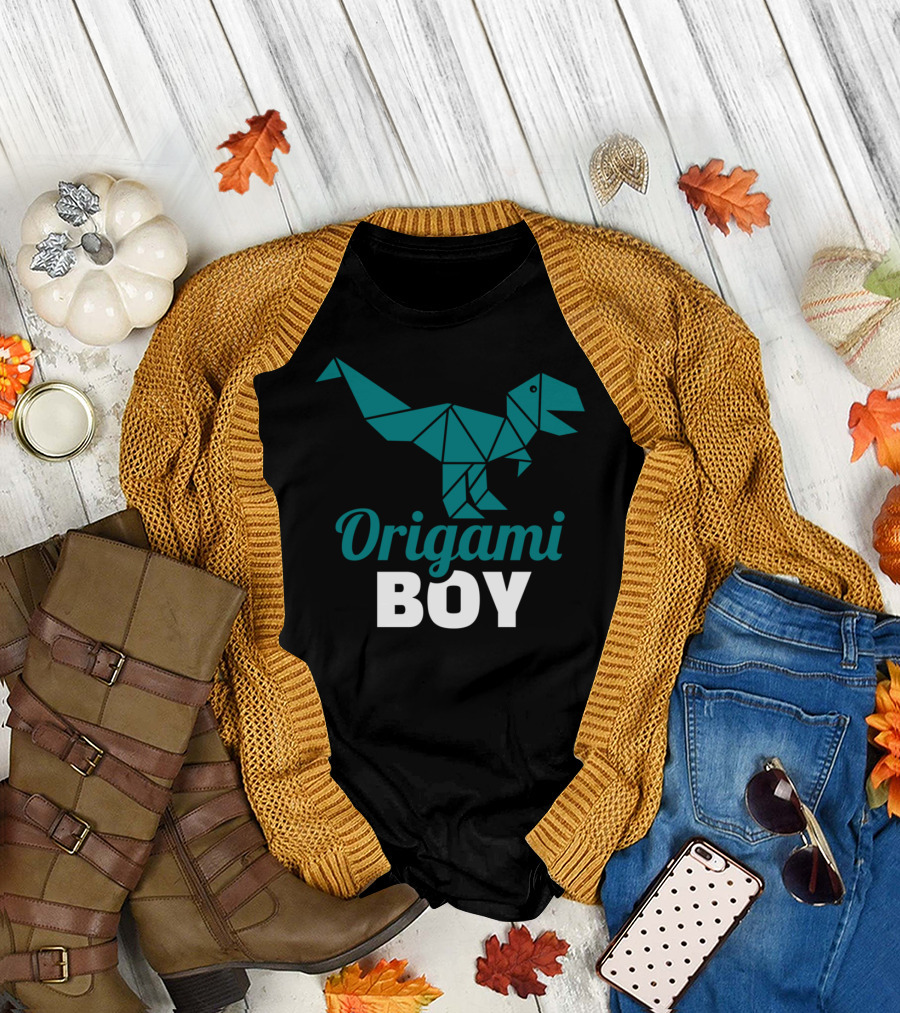 Origami Boy Dinosaur Design Green Geometric T-Rex T-Shirt