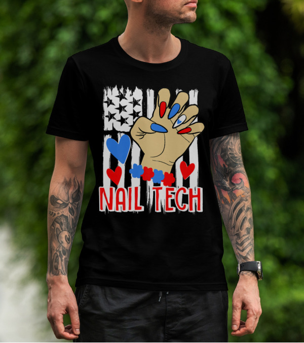 Nail Tech Patriotic Cute American Flag Hearts T-Shirt