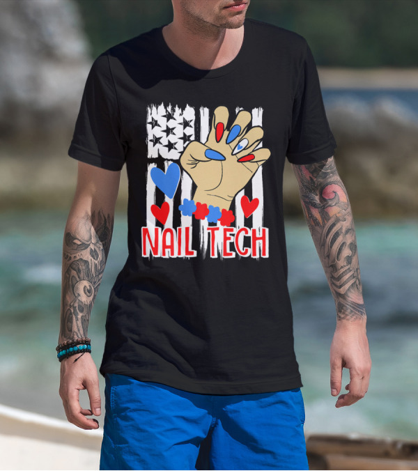 Nail Tech Patriotic Cute American Flag Hearts T-Shirt