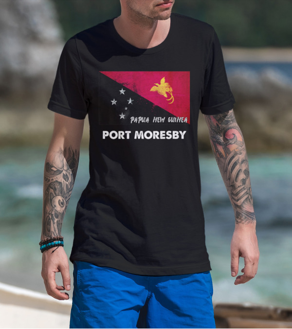 Port Moresby Papua New Guinea Flag Design Bird Of Paradise And Stars T-Shirt