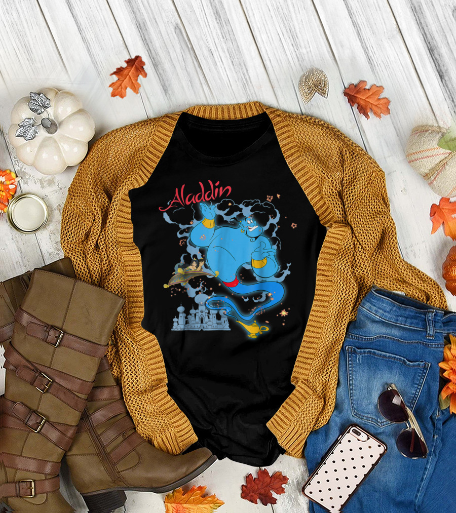 Aladdin Genie and Sparkle Carpet Ride with Palace Scene T-Shirt