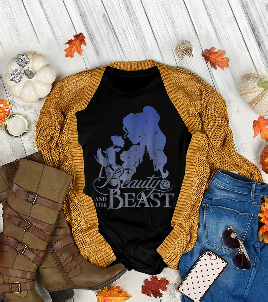 Beauty and the Beast Belle Silhouette with Rose and Castle T-Shirt