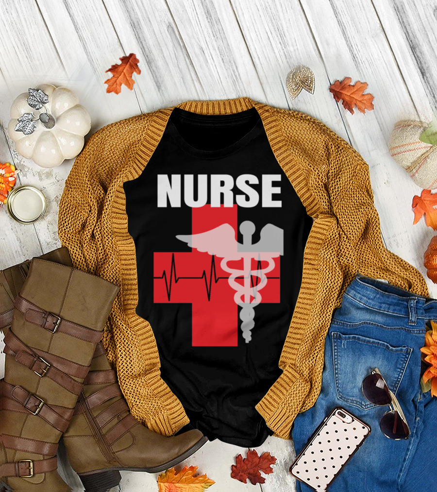 Nurse Hospital Cross Caduceus Heartbeat T-Shirt