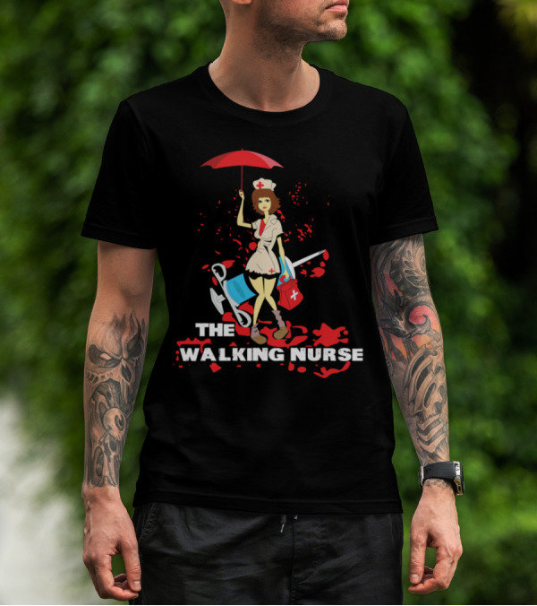 The Walking Nurse Umbrella Blood Stains Cartoon Nurse Halloween T-Shirt