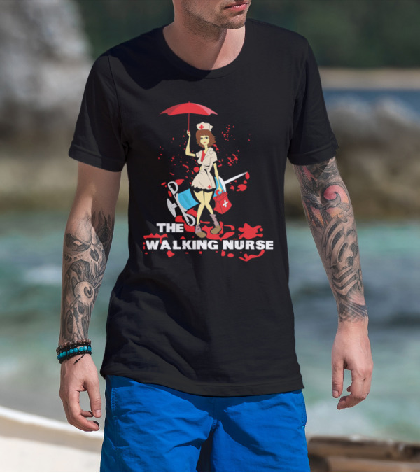 The Walking Nurse Umbrella Blood Stains Cartoon Nurse Halloween T-Shirt