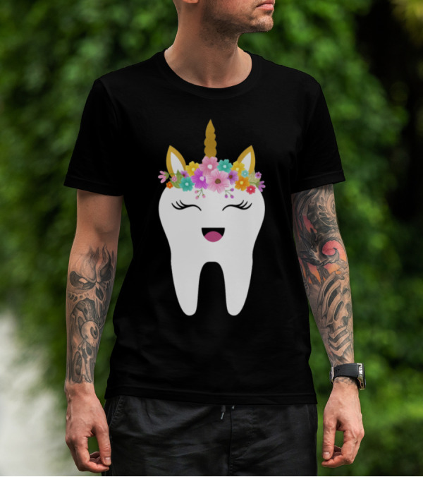 Unicorn Tooth With Floral Crown Fairy Dentist Tooth Fairy T-Shirt