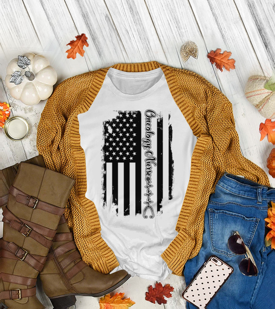 Oncology Nurse American Flag Stethoscope Heartbeat T-Shirt