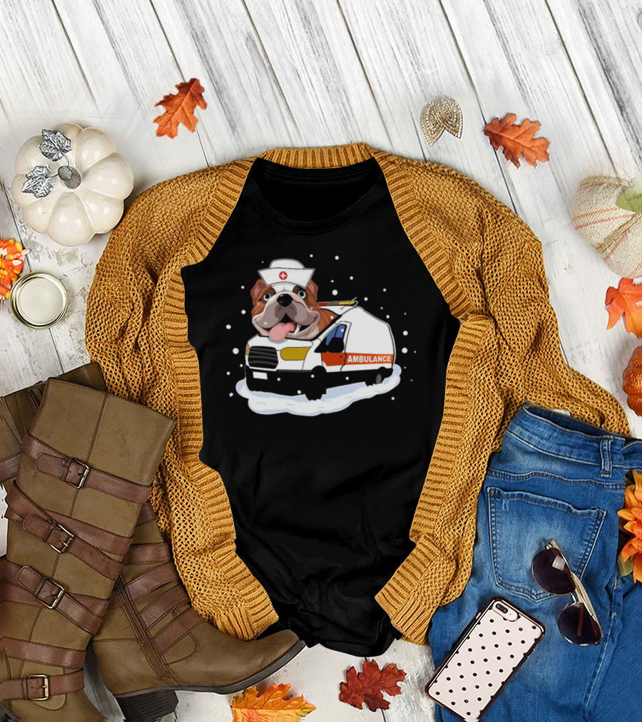 Bulldog Nurse Riding Ambulance in Snow Christmas Scene T-Shirt