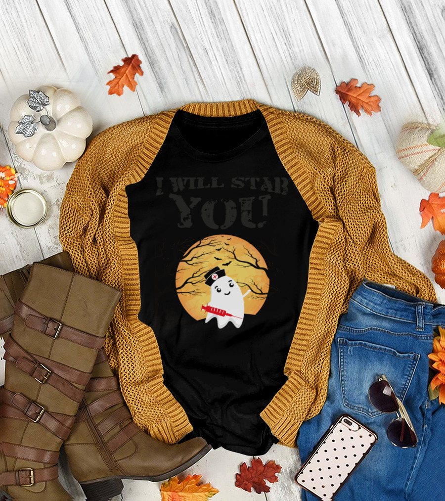 I Will Stab You Nurse Ghost Halloween Moon Pumpkin T-Shirt