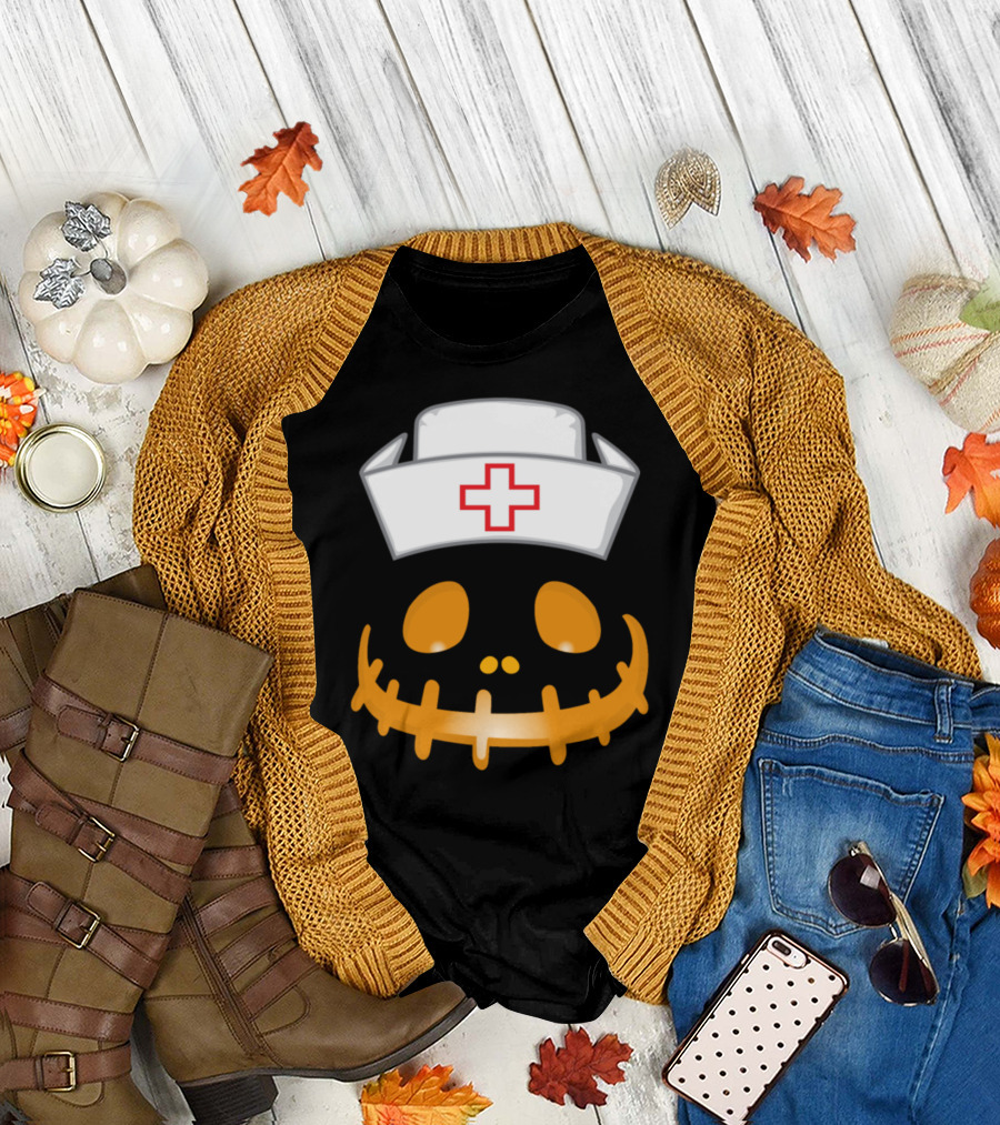 Nurse Hat Pumpkin Face with Cross Stitches T-Shirt