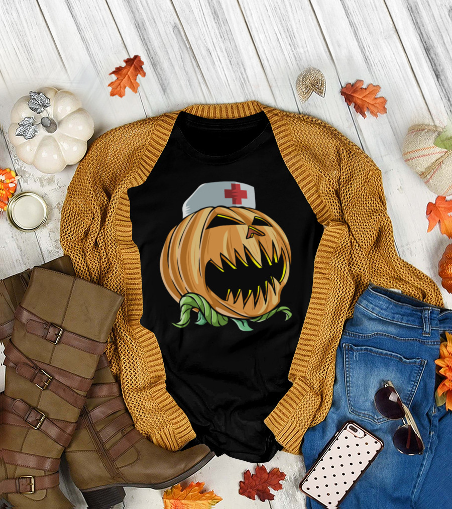 Halloween Scary Pumpkin Nurse with Creepy Jack-O'-Lantern Face and Nurse Hat T-Shirt