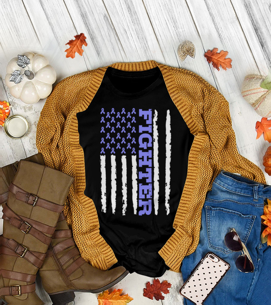 Fighter American Flag Style with Stomach Cancer Awareness Ribbons T-Shirt
