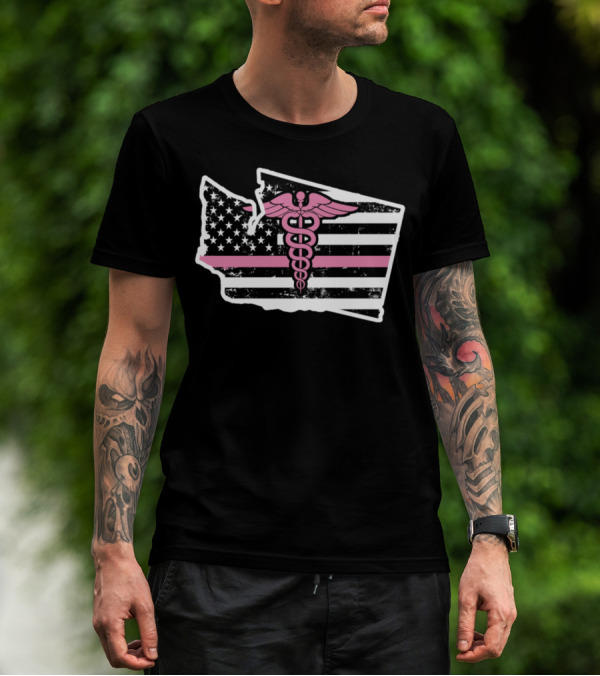 Washington Nurse Cna Rn Rna Caduceus American Flag Map T-Shirt