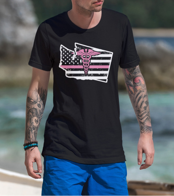 Washington Nurse Cna Rn Rna Caduceus American Flag Map T-Shirt