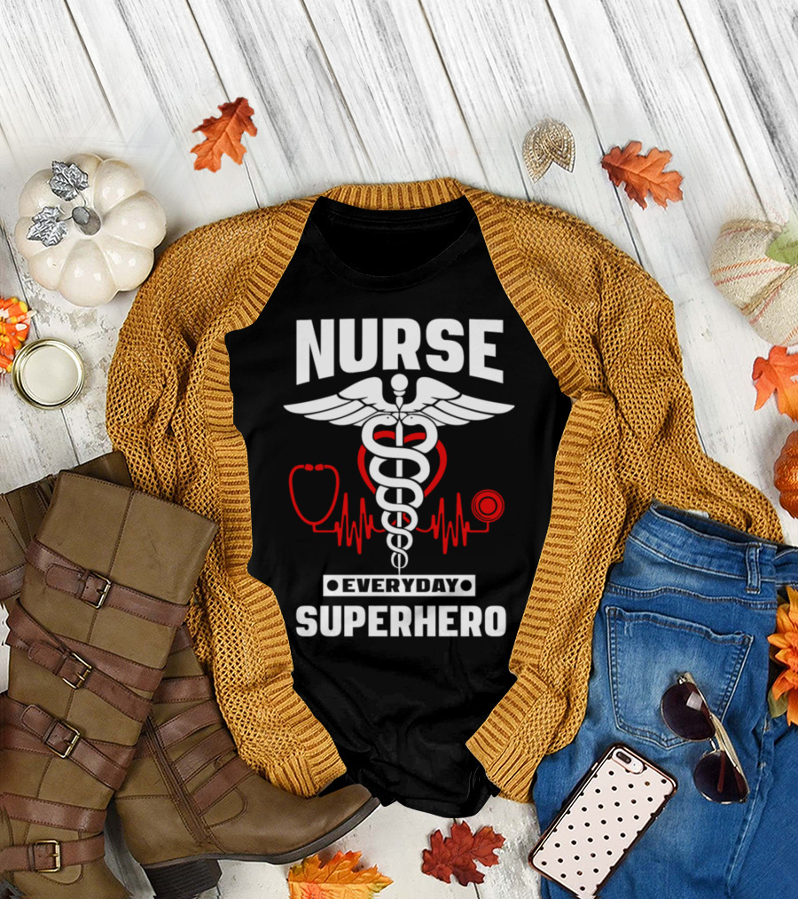 Nurse Everyday Superhero with Caduceus and Stethoscope Heartbeat T-Shirt