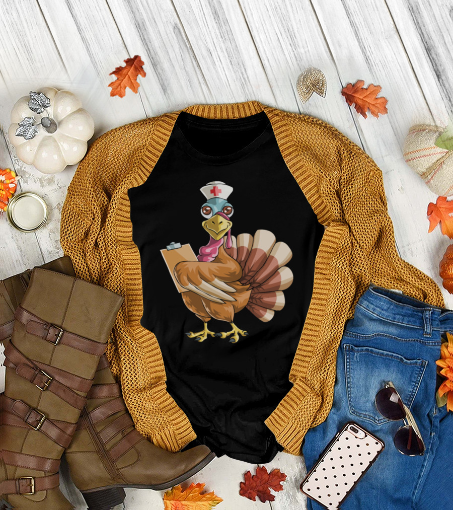 Thanksgiving Nurse Turkey with Clipboard and Nurse Hat T-Shirt