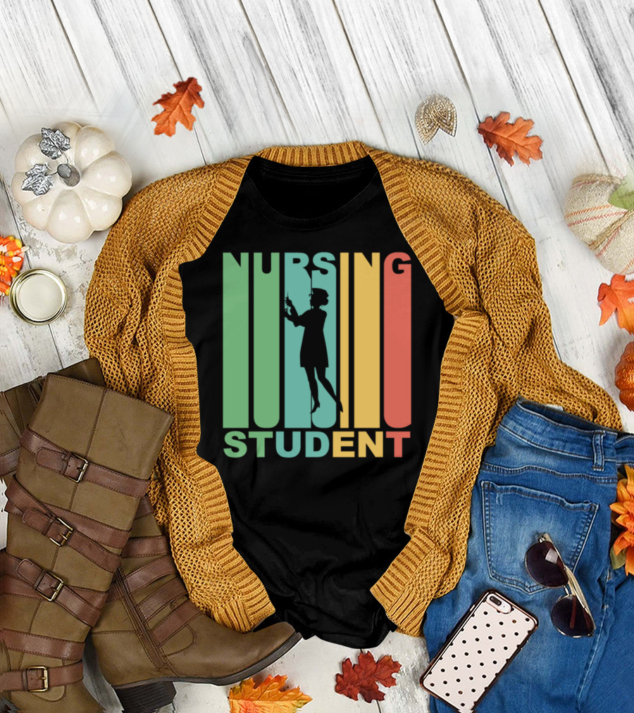 Vintage Nursing Student Silhouette with Color Stripes T-Shirt