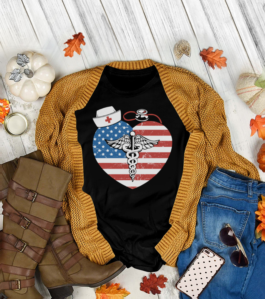 Patriotic American Nurse Heart with Caduceus Cancer Awareness T-Shirt