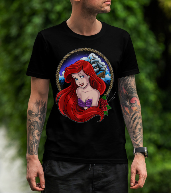 Disney Little Mermaid Ariel Nautical Tattoo With Ship And Rose T-Shirt