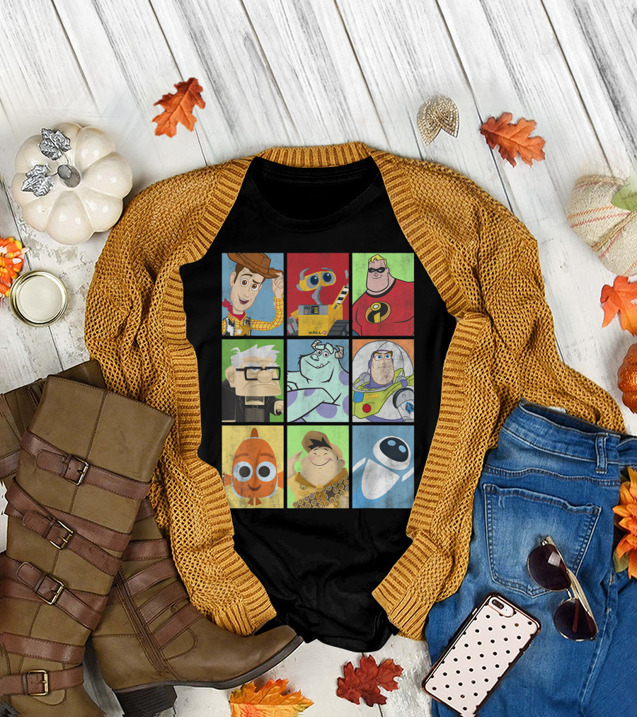 Disney Pixar Epic Character Lineup Woody WALL-E Mr. Incredible Up Sulley Buzz Nemo Russell Eve T-Shirt