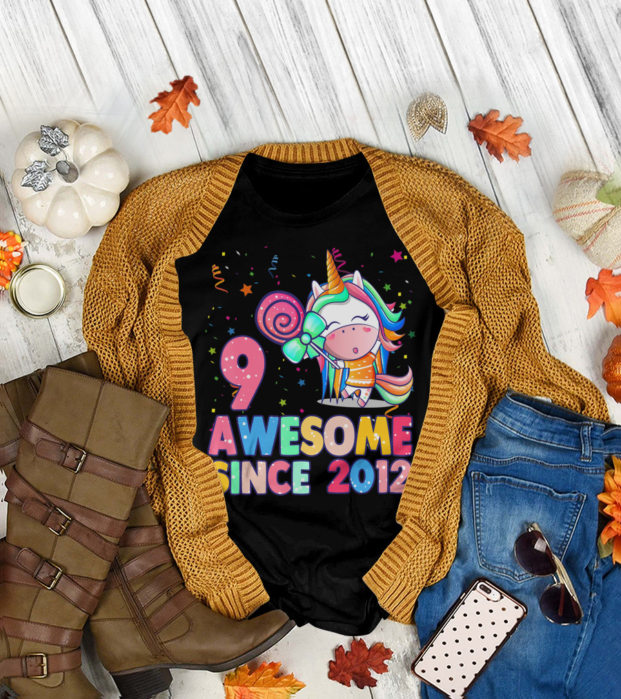 9 Awesome Unicorn Birthday Girl Since 2012 T-Shirt