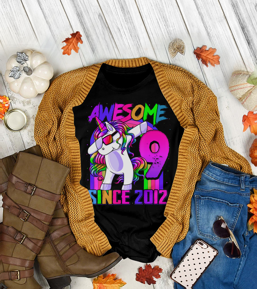 AWESOME 9 Year Old Unicorn Dabbing Since 2012 Birthday Party T-Shirt