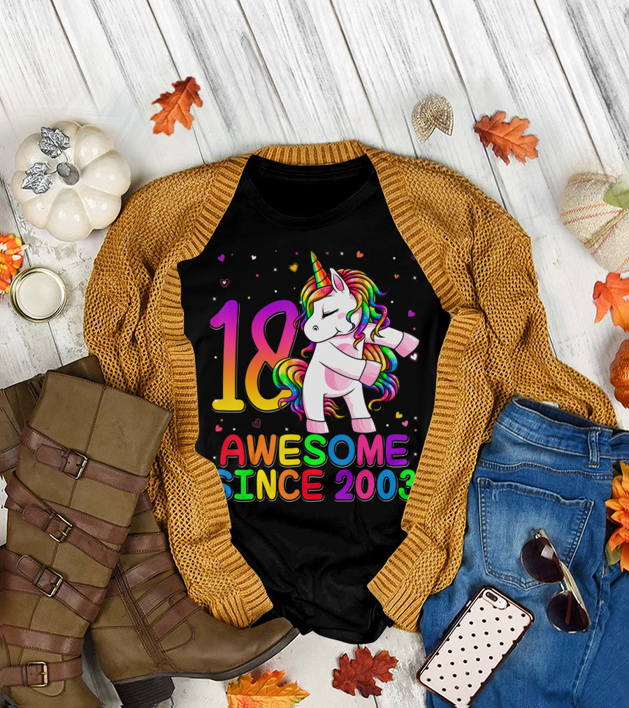 18 Awesome Since 2003 Unicorn Flossing Rainbow Birthday T-Shirt