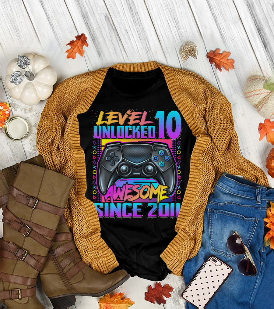 Level 10 Unlocked Awesome Since 2011 Gaming Controller Birthday T-Shirt