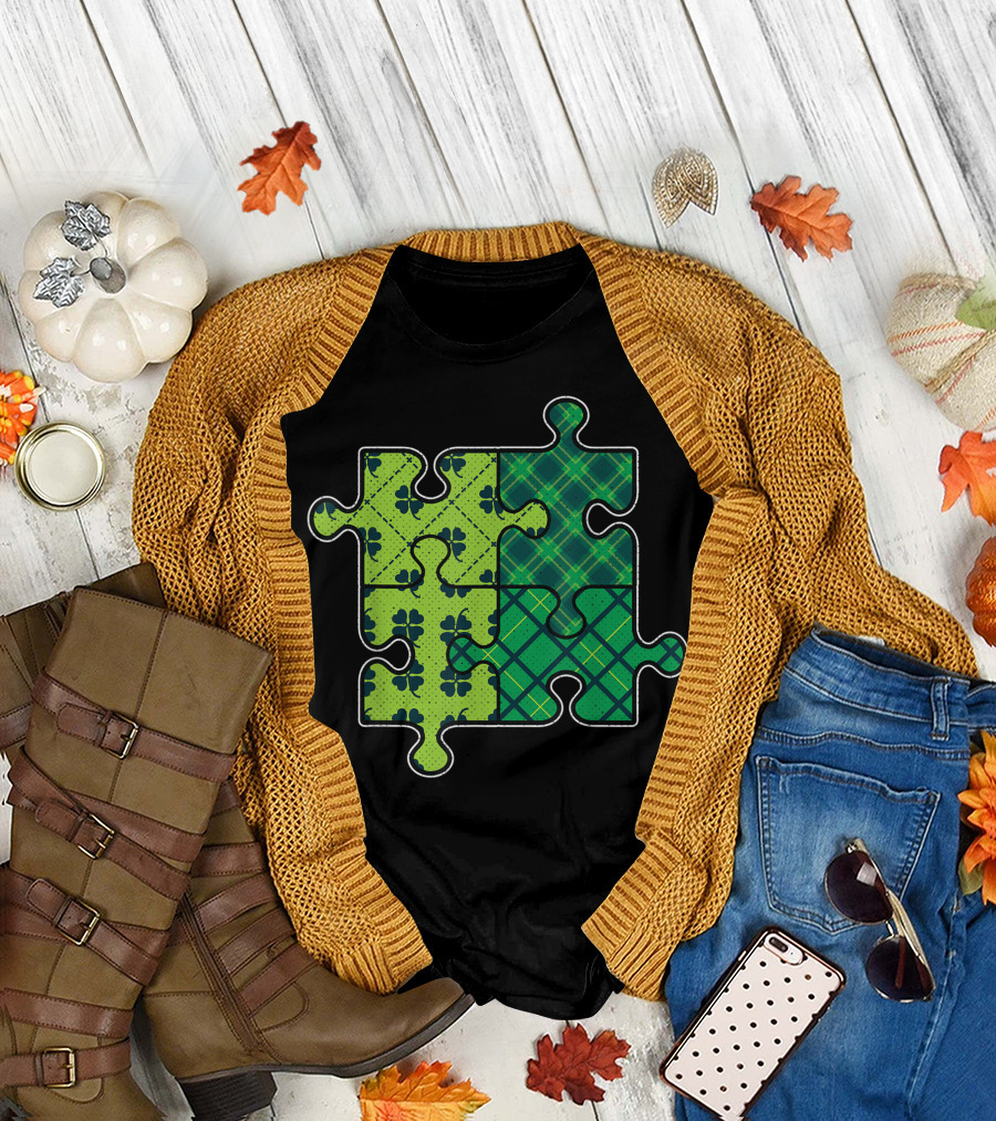 Autism Awareness Shamrock Puzzle St Patricks Day T-Shirt