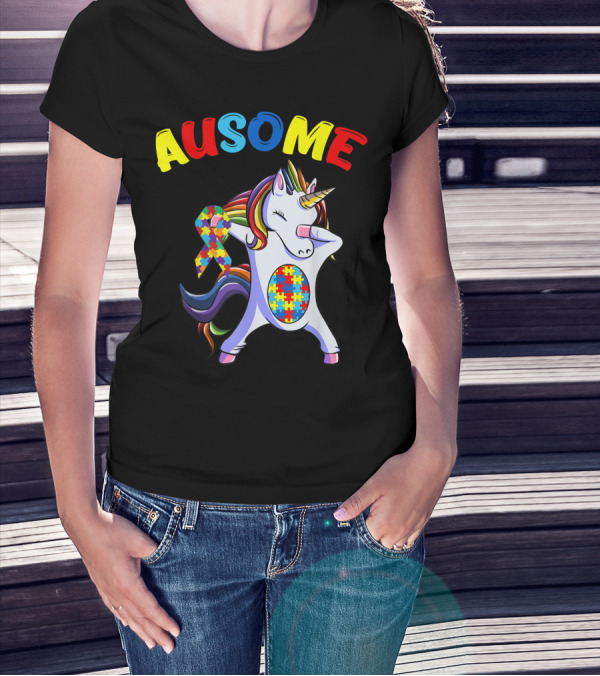 Ausome Autism Puzzle Dabbing Unicorn T-Shirt