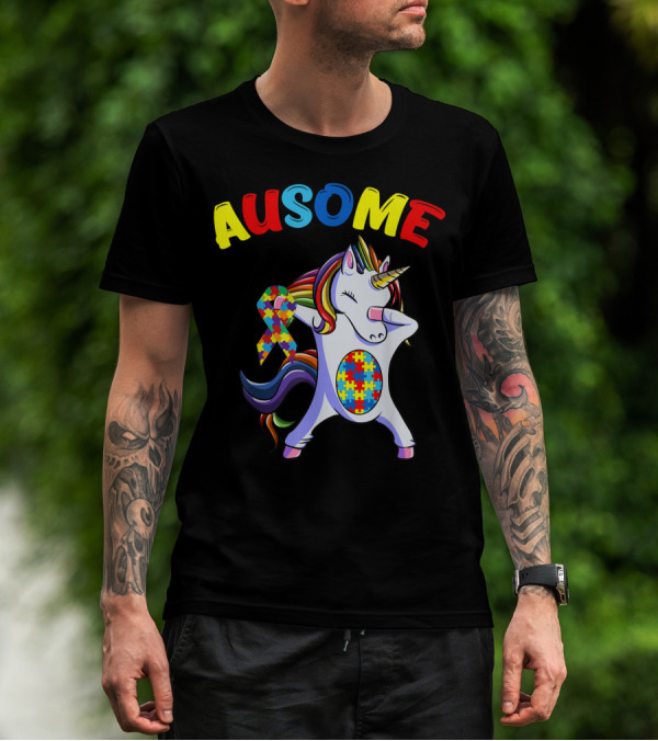 Ausome Autism Puzzle Dabbing Unicorn T-Shirt