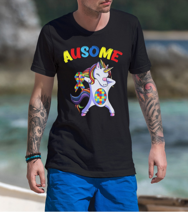 Ausome Autism Puzzle Dabbing Unicorn T-Shirt