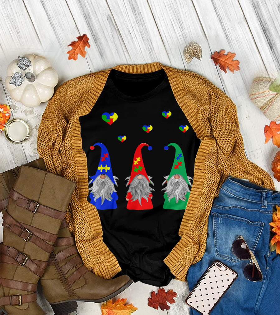 Autism Puzzle Heart Valentine Gnomes Colorful Love T-Shirt
