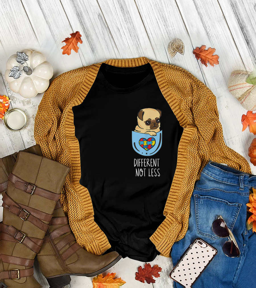 Different Not Less Autism Awareness Pug in Puzzle Heart Pocket T-Shirt
