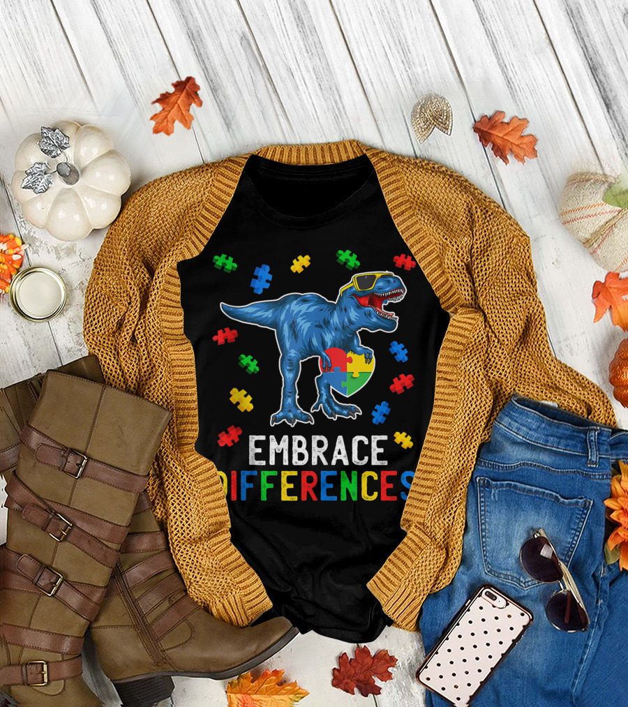 Embrace Differences Autism Awareness T-Rex Puzzle T-Shirt