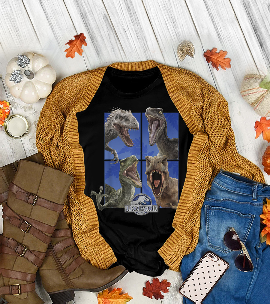 Jurassic World Dinosaur Quartet with Blue Background and Iconic T-Shirt