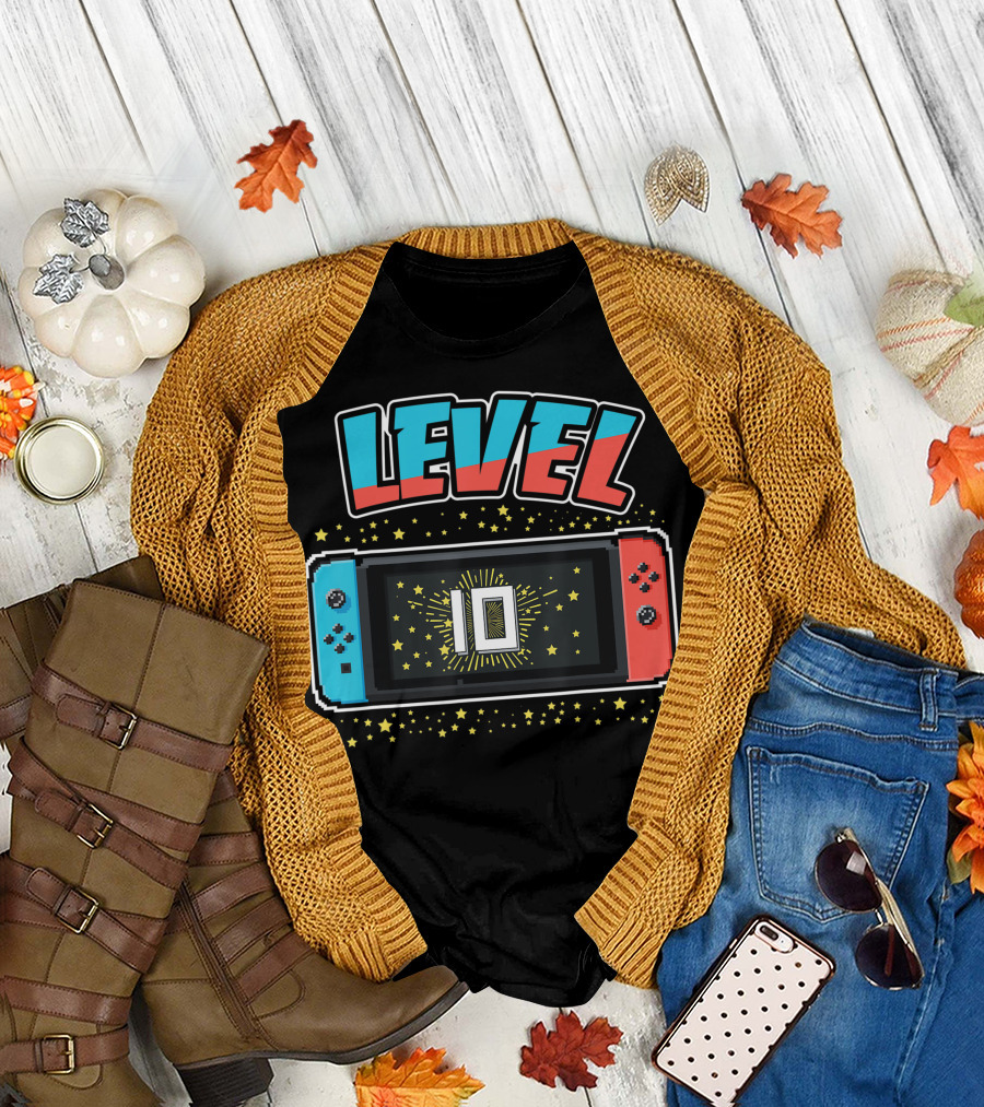 Level 10 Birthday Boy 10 Years Old Video Games with Stars and Game Console T-Shirt