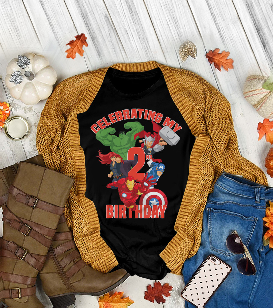 Celebrating My 2nd Birthday with Marvel Avengers Characters Iron Man Hulk Thor Captain America T-Shirt