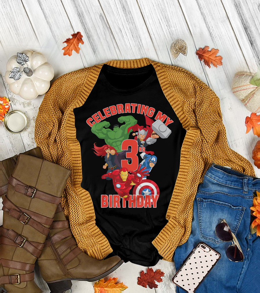 Marvel Avengers Celebrating My 3rd Birthday Hulk Thor Black Widow Iron Man Captain America T-Shirt