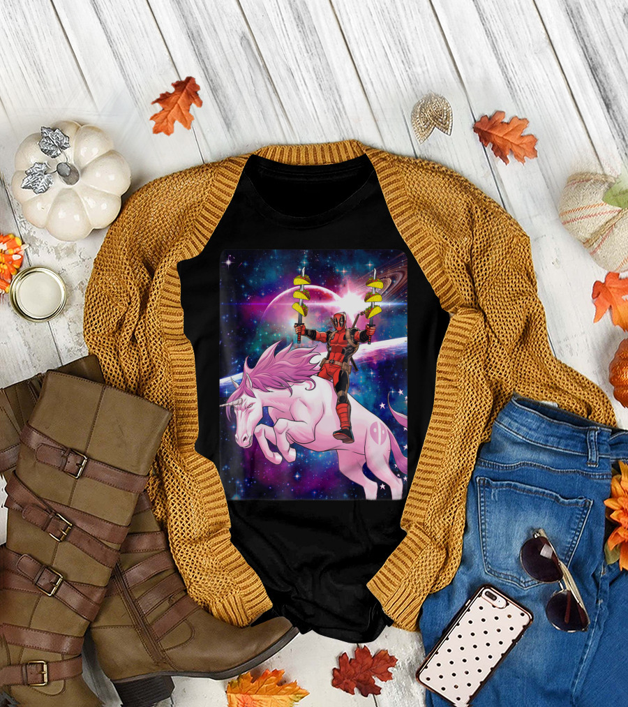 Marvel Deadpool Riding Space Unicorn Holding Tacos T-Shirt