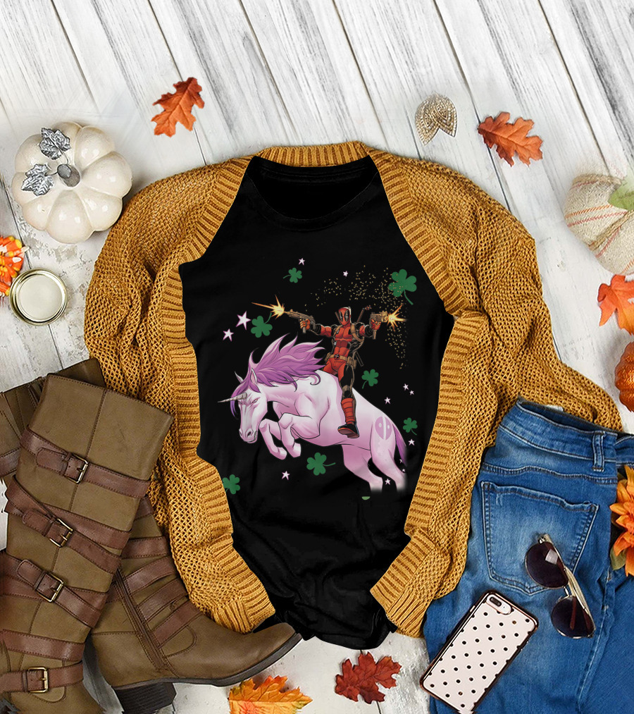 Marvel Deadpool Riding Unicorn with Shamrocks and Stars for St Patricks Day T-Shirt