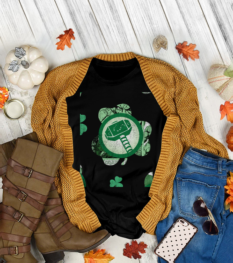 Marvel Vintage St Patricks Day Shamrock Thor Hammer T-Shirt